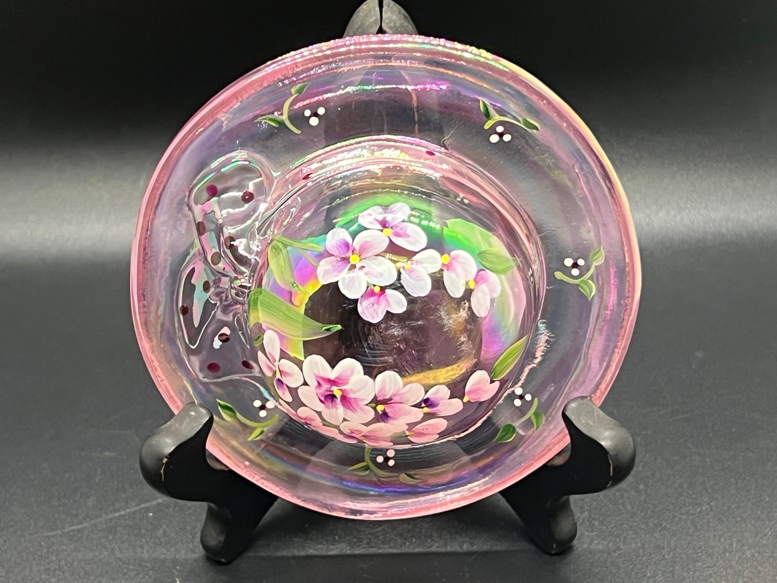 Fenton Pink Iridescent Glass Hat 100th Anniversary Hand Painted By B. Williams.