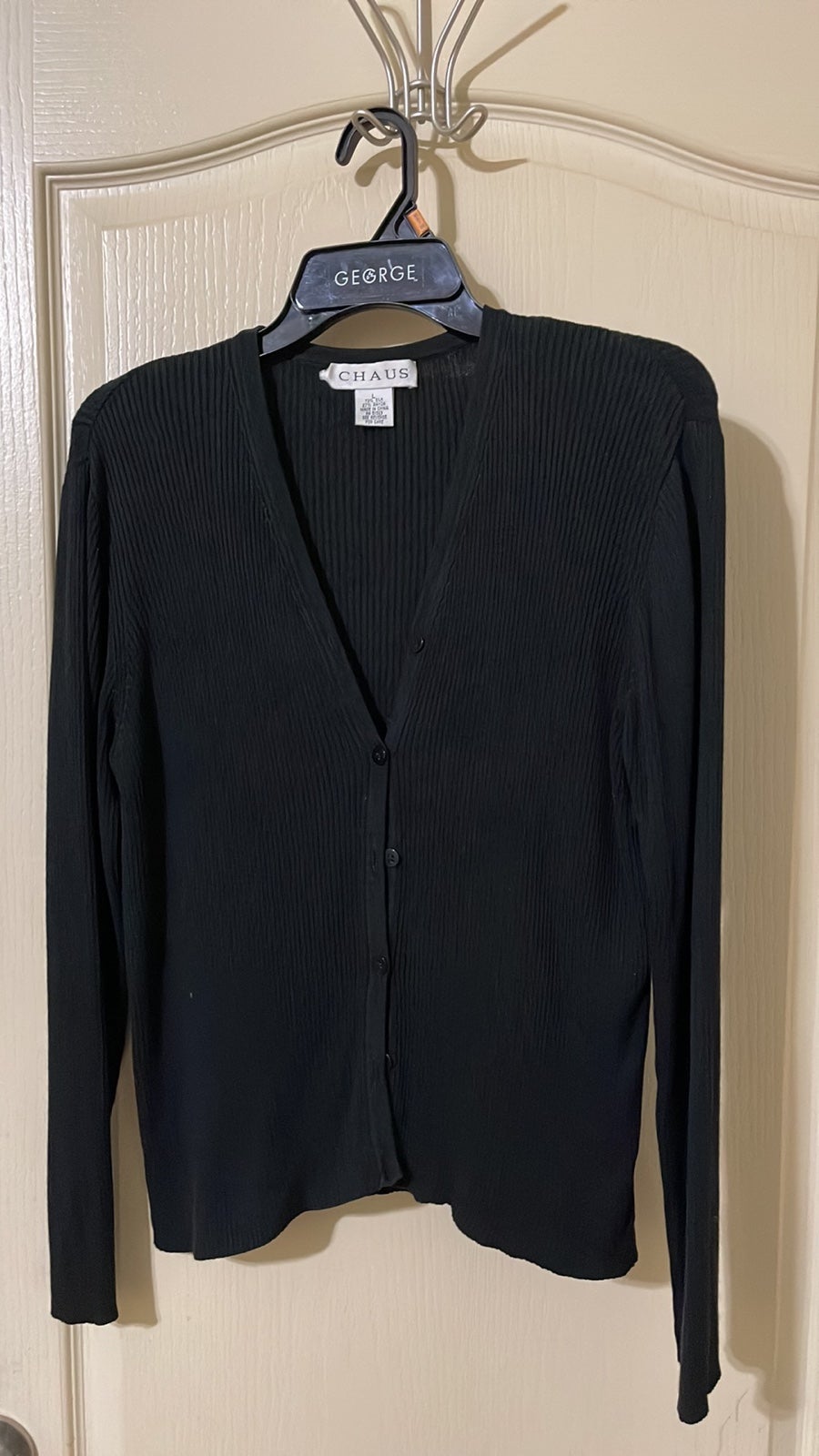 Chaus womens button down black cardigan, size L.