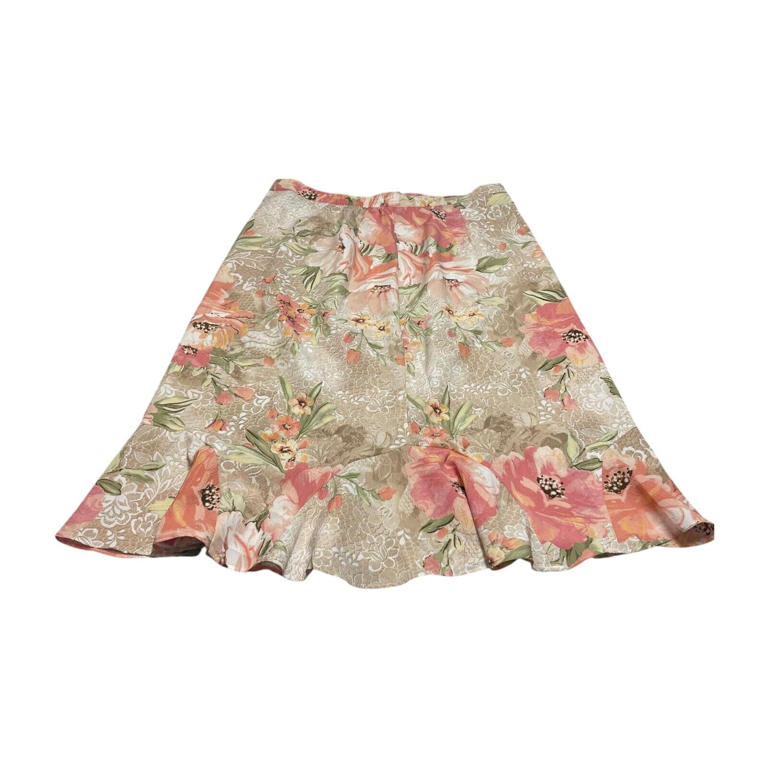 Alfred Dunner A-Line Skirt Women's 16 Beige Peach Floral Classic Ruffle Back Zip
