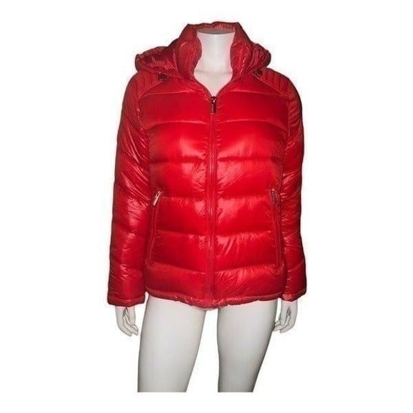 GUESS Womens High-Shine Hooded Puffer Coat Hooded Hot Orange Medium NWOT