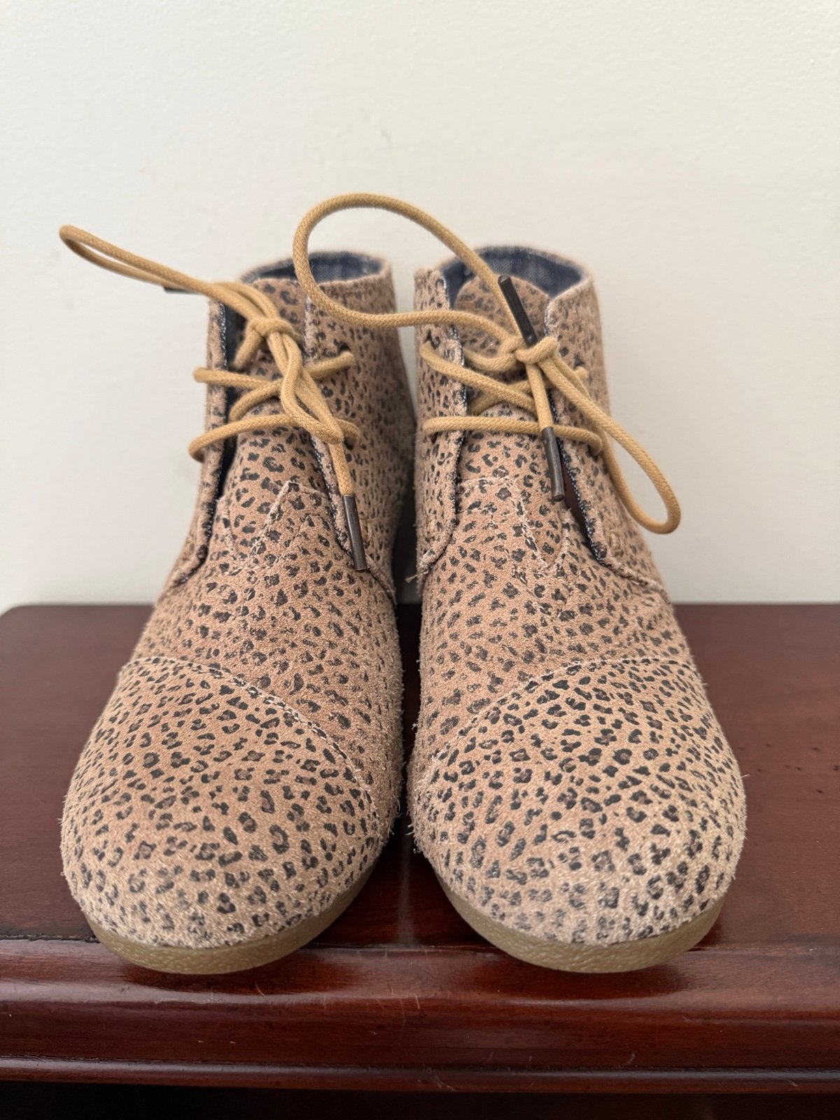 Tom’s suede “Kala” leopard print wedge bootie in size 8.5