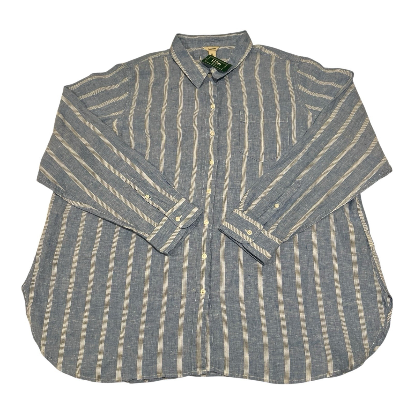 LL Bean Premium Washable Linen Shirt Size 2X PLUS Tunic Blue Stripe Long Sleeve