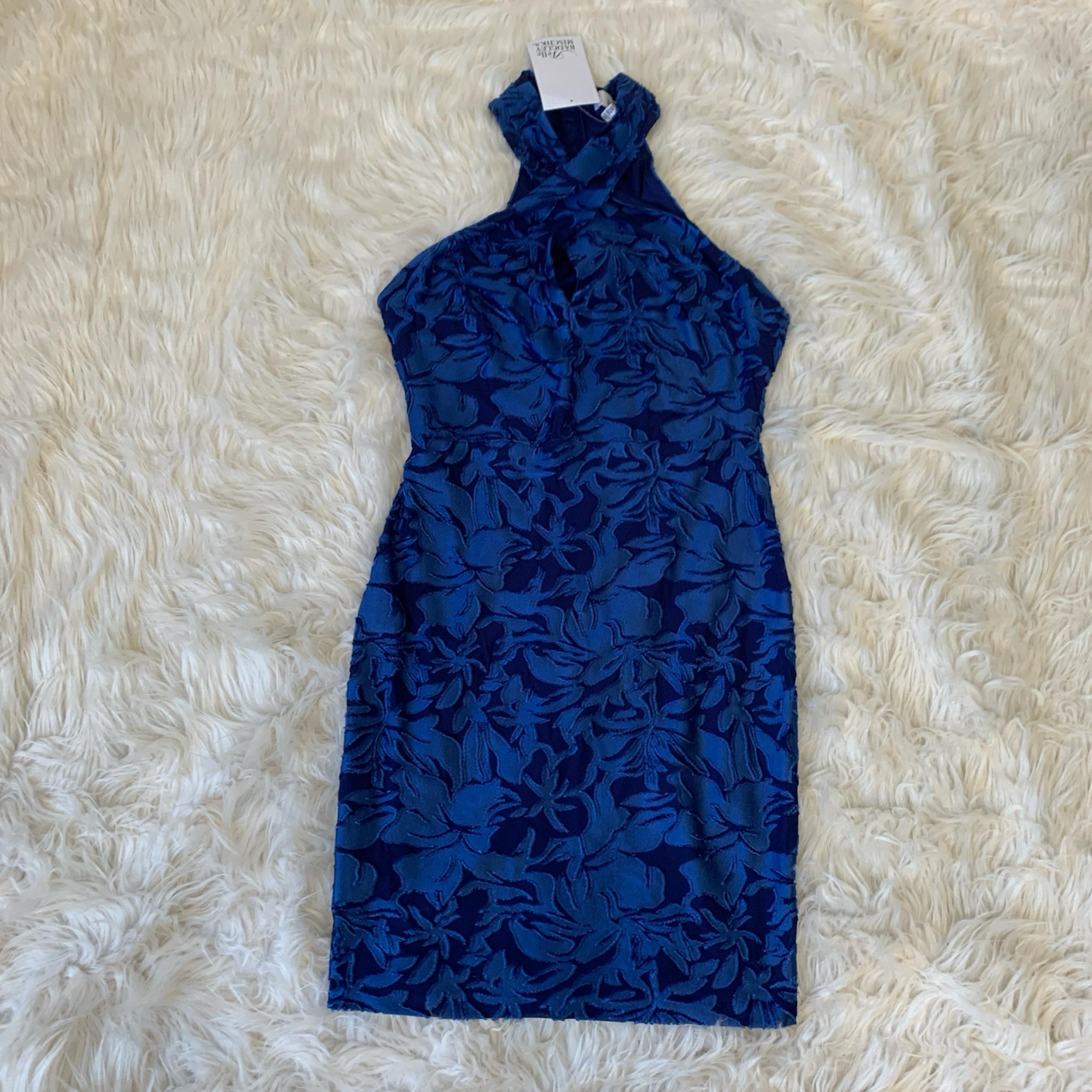 badgley mischka blue floral bodycon dress