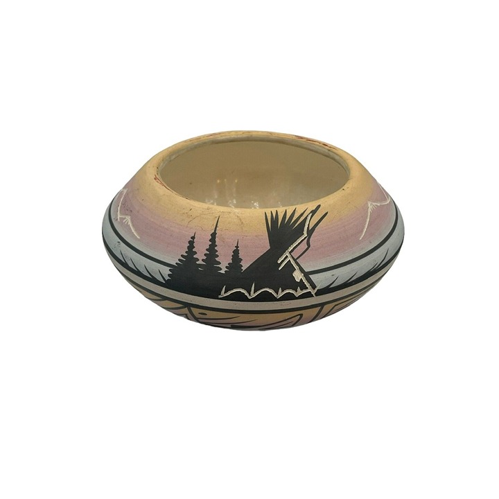 Native American Pottery Bowl E. Yazzie Navajo Handmade Horses Trees Tee Pee