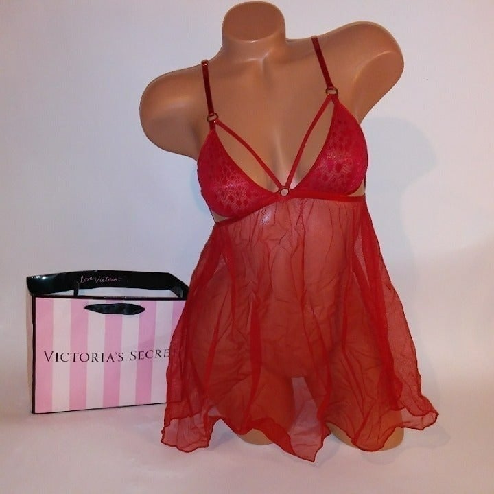 Victoria Secret Lingerie Small Babydoll Teddy Red Sheer Lace Strappy Flyaway Wir