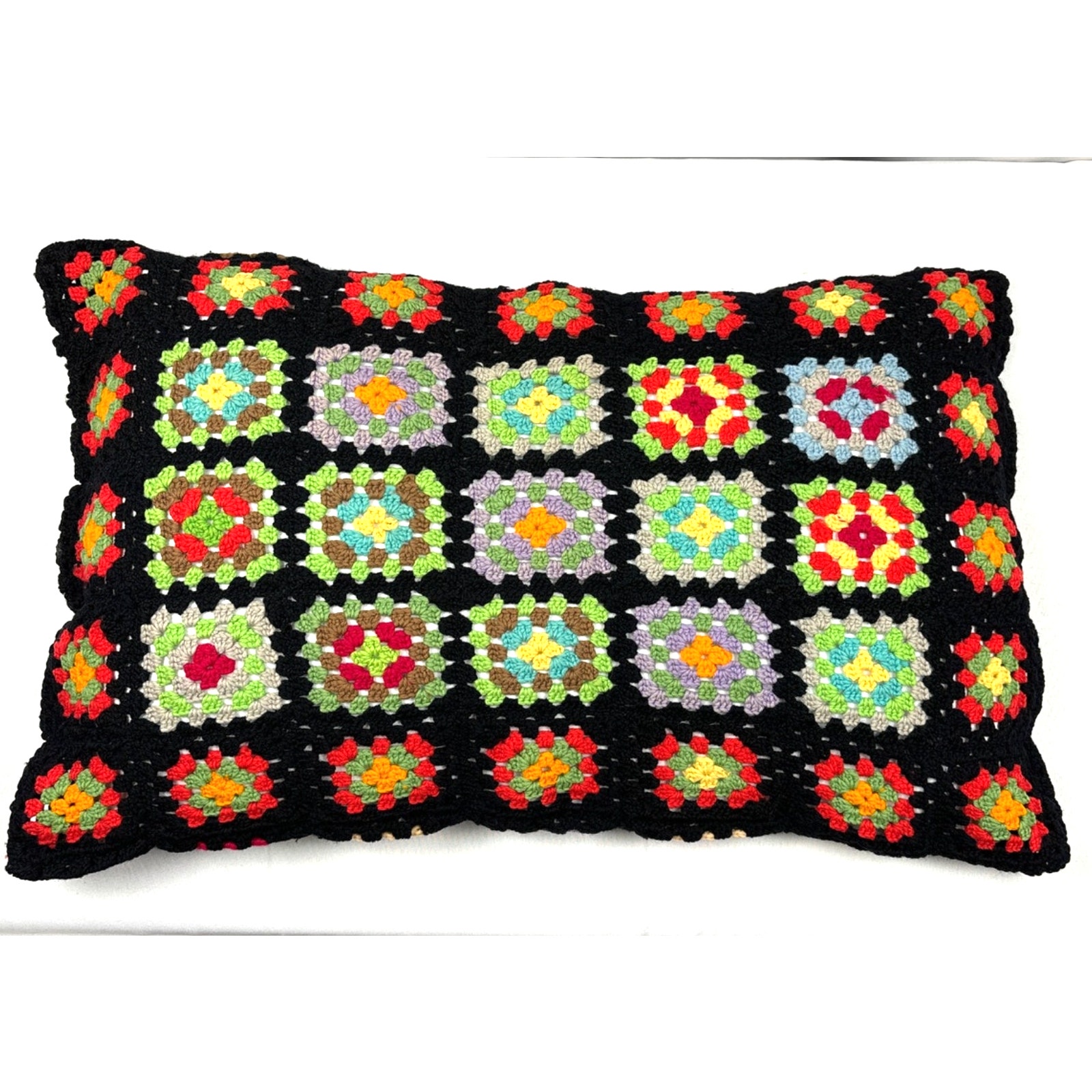 Vintage Granny Square Multi-colored Bed Pillow Cover Crocheted Handmade