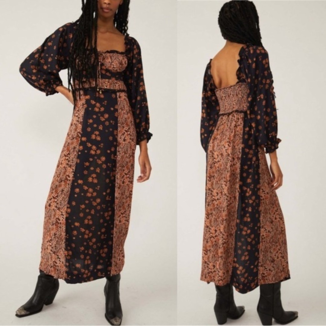 Free People Tigerlily Long Sleeve Boho Maxi Dress Black Size XS