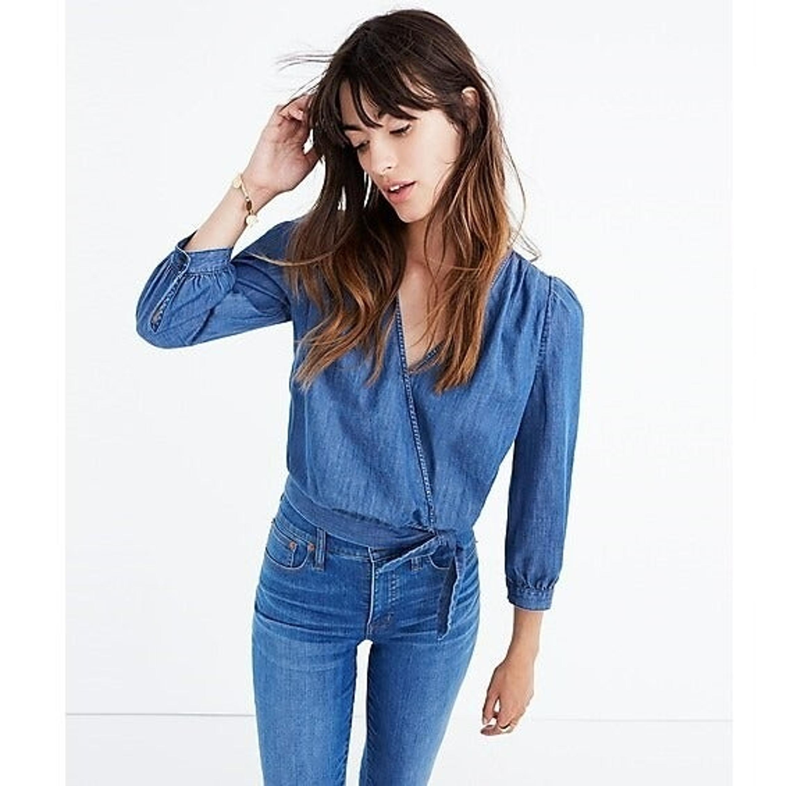 Madewell Denim Wrap Top M Blue Surplice Long Sleeve Blouse 70s Retro