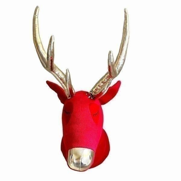 Wall Mount Red 18” Deer Head Gold Antlers Decoration Hanging Plush Reindeer