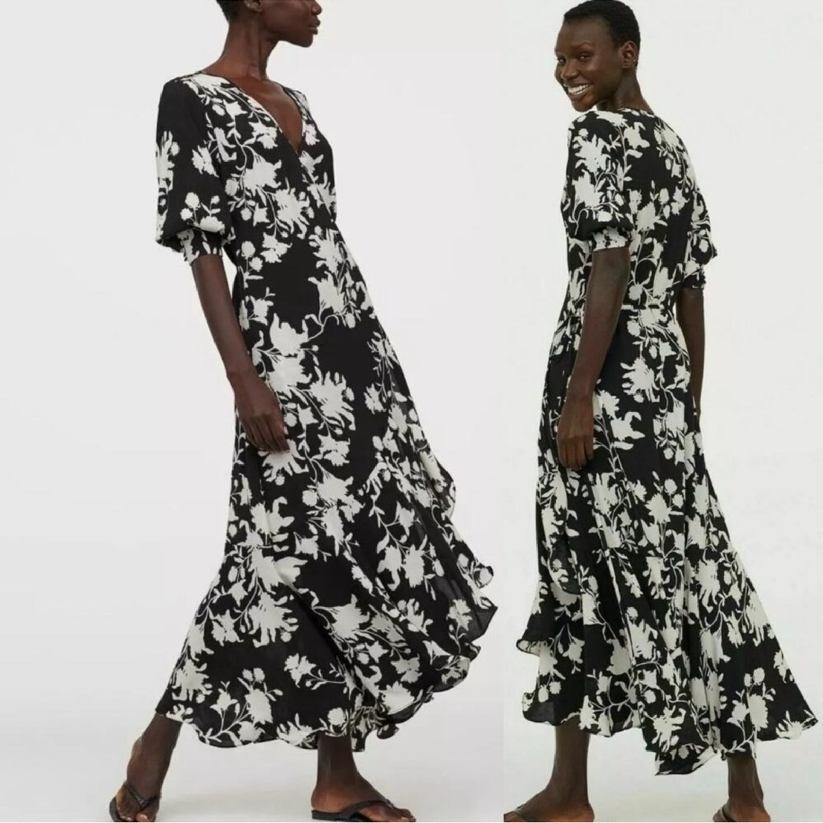 JOHANNA ORTIZ H&M COLLABORATION BLACK & WHITE ORCHID FLORAL WRAP DRESS SIZE XL