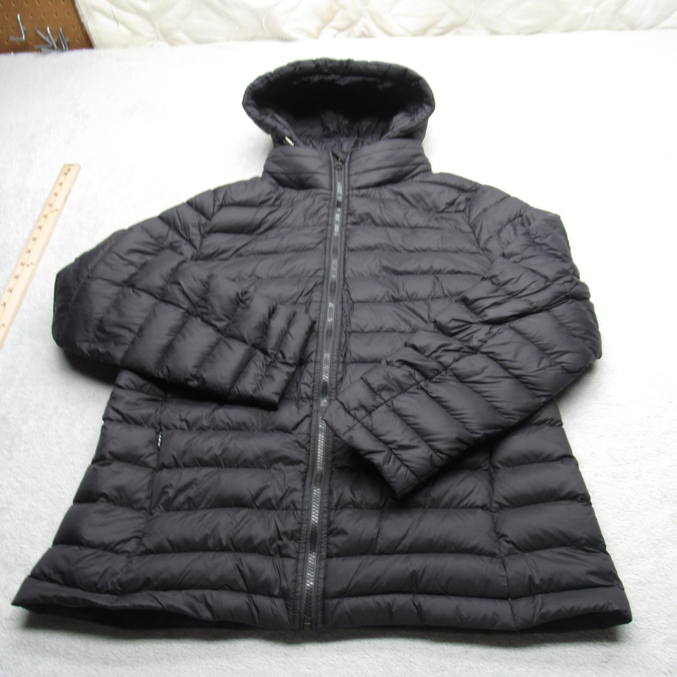 Aspen Down Jacket Womens Large Black Pockets Hooded Full Zip Quilted Puffer