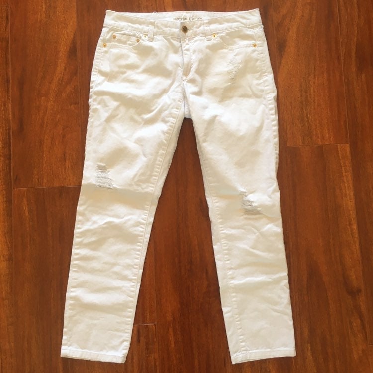 michael kors white cropped skinny distressed ripped jeans
