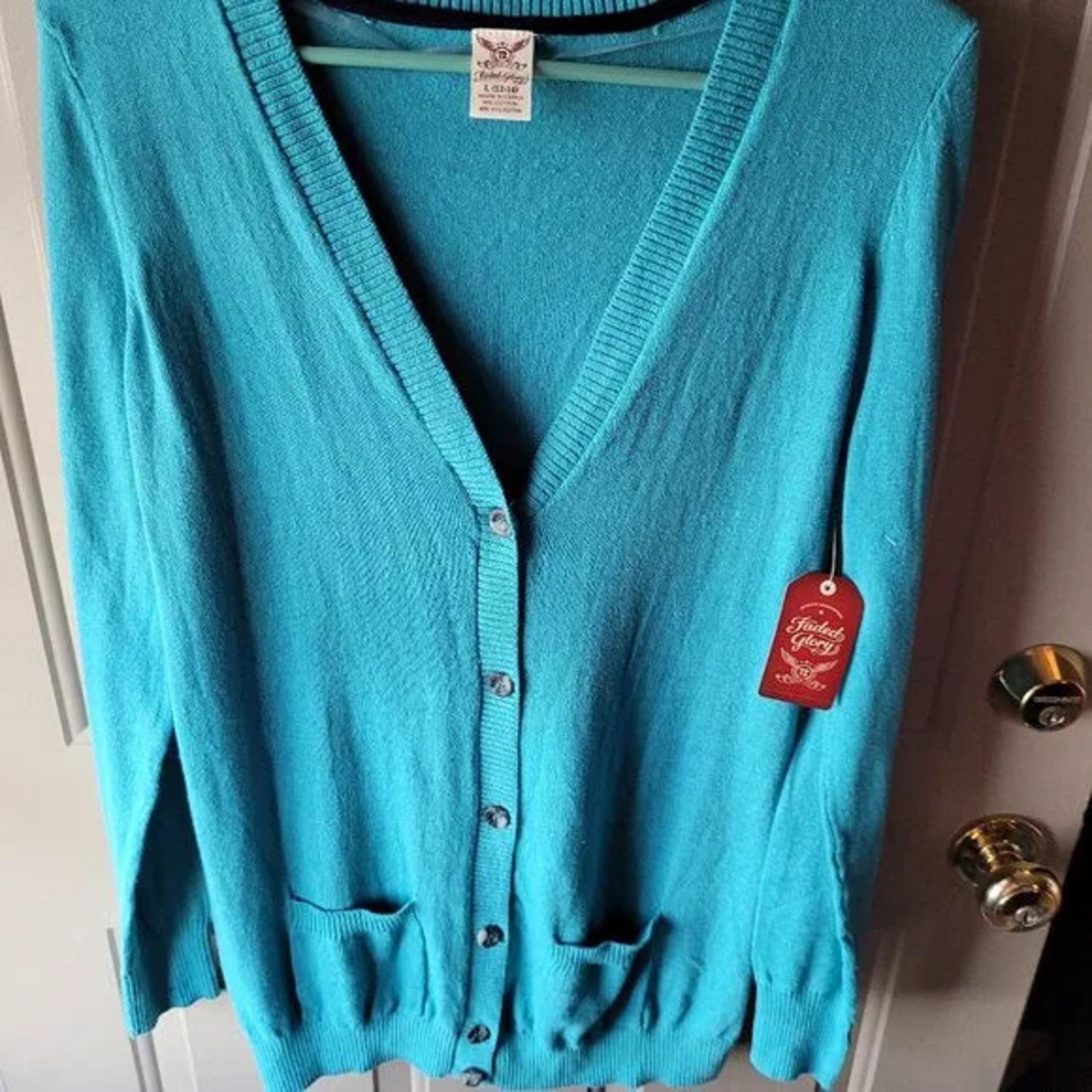 NWT's Faded Glory Turquoise Cotton/Poly Cardigan Sweater Size Large 12-14