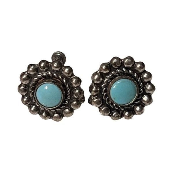 Vintage Sterling Silver and Turquoise Screw Back Earrings 1940s