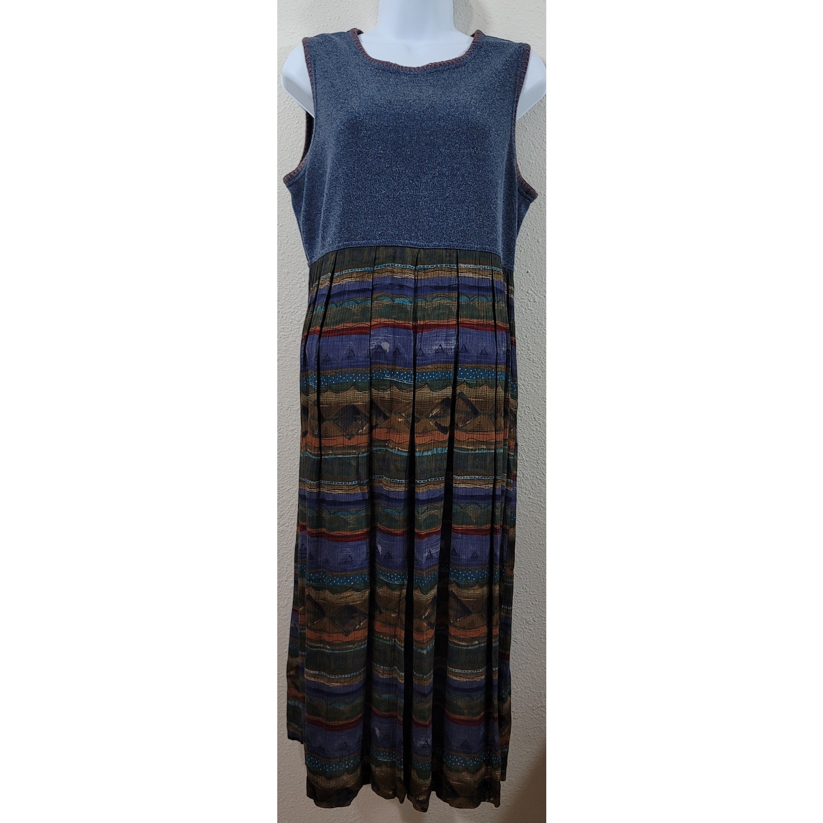 Karin Stevens Blue Knit Midi Dress W/Jacket 8P Lightweight Buttons Long Sleeve