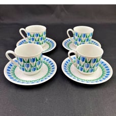 RARE Vintage Set 4 Arzberg Germany 48 Tea Cup & Saucer Blue Green Tulip MCM