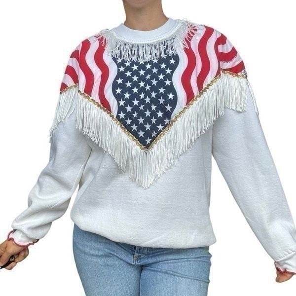 Vintage USA Fringe Flag White Crewneck Pullover Sweatshirt Women Size XL Grandma