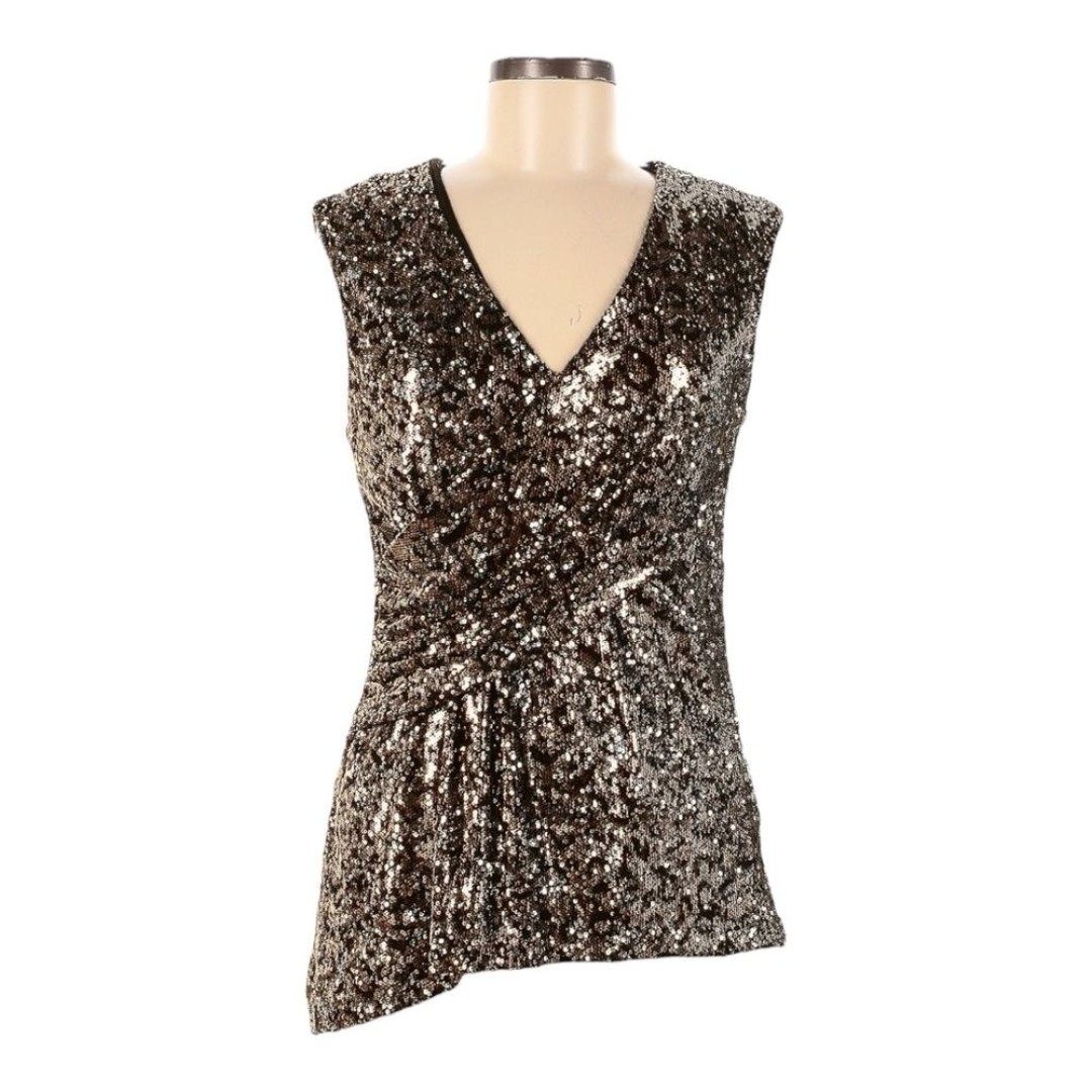 Elie Tahari Sleeveless Blouse 8 NWT Gold Sequin Party Draped V-Neck New Years