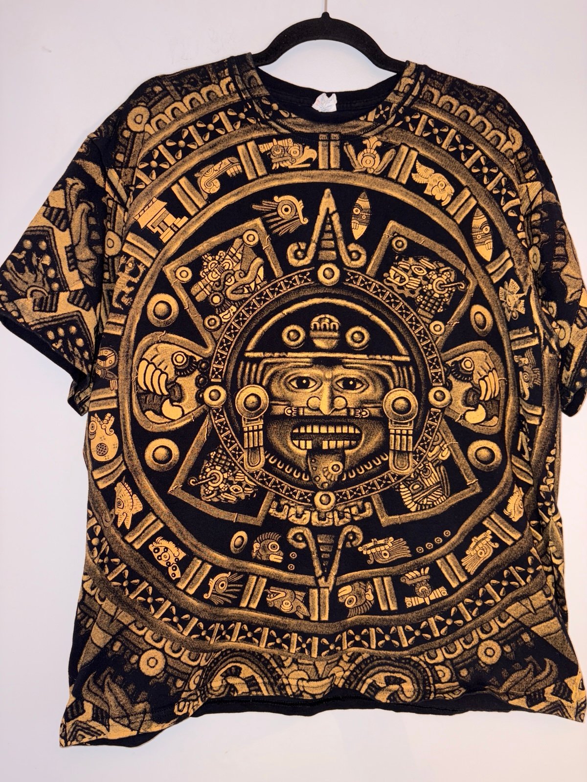 Mayan Black Aztec Calendar Native AOP T-Shirt Quetzalcoatl Mexico Size XL