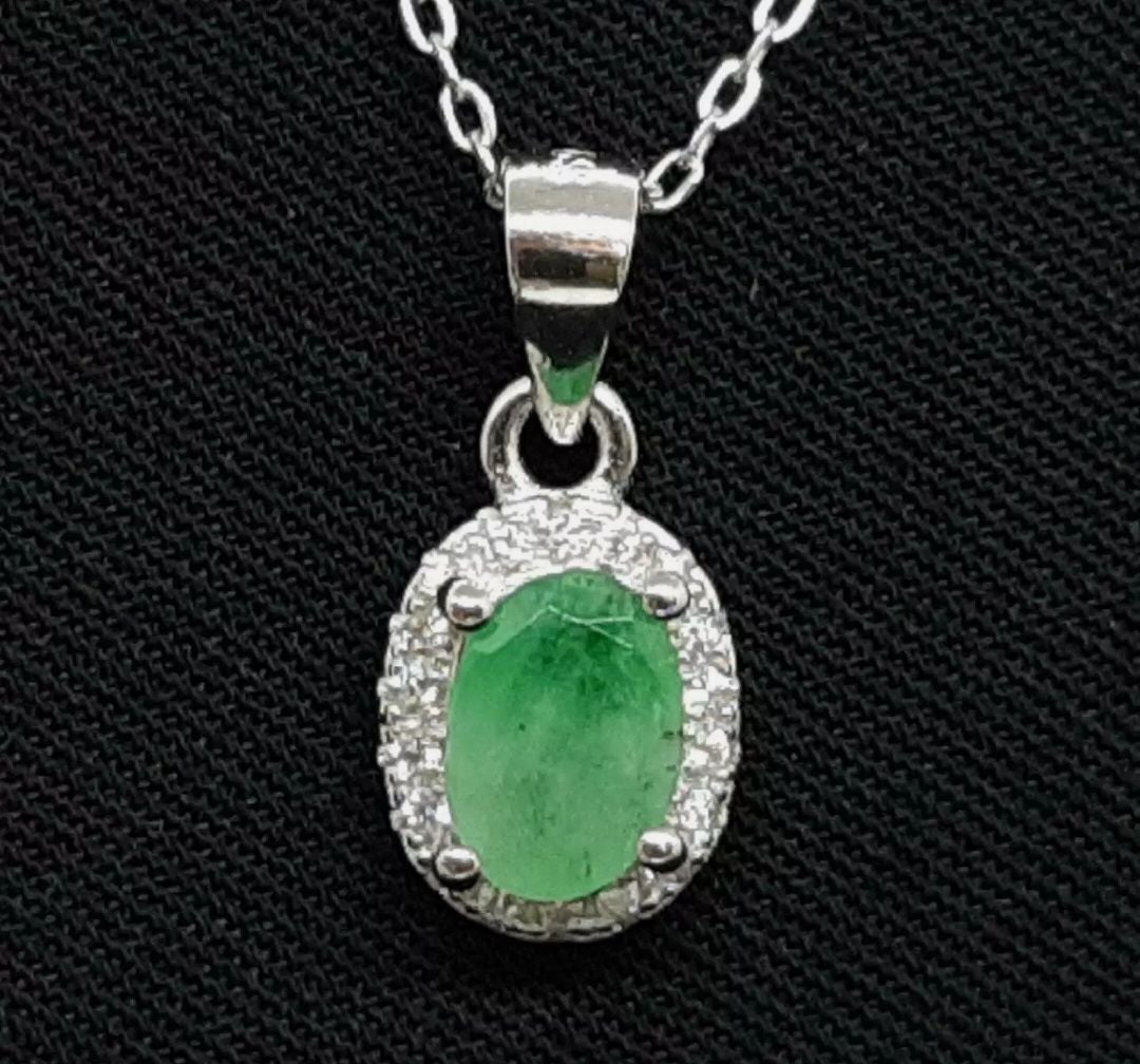 Stunning 1.25 ctw Natural Emerald Sterling Silver Halo Necklace