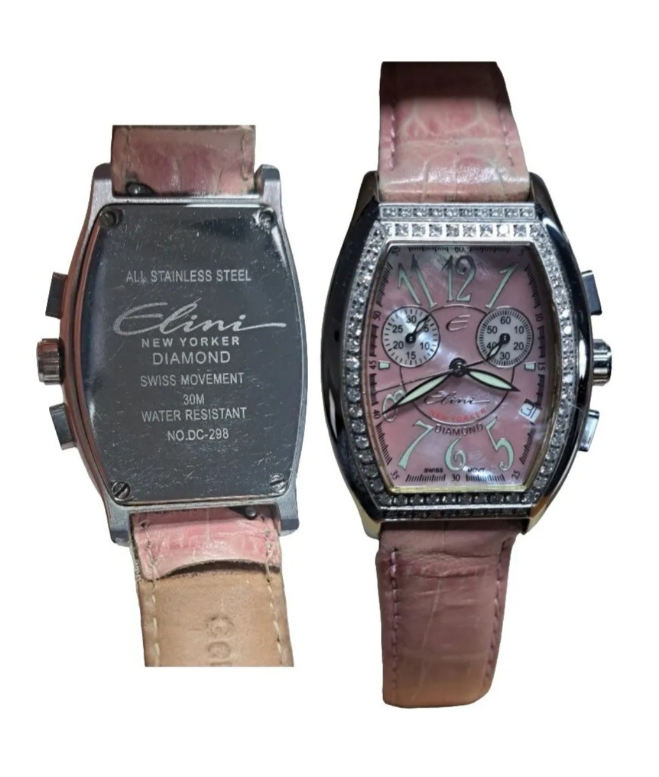 Elini New Yorker Watch 1ct Diamond Leather Stainless DC-298 Swiss Movement Pink