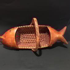 Vintage Wood Fish Head & Tail Woven Bread Basket