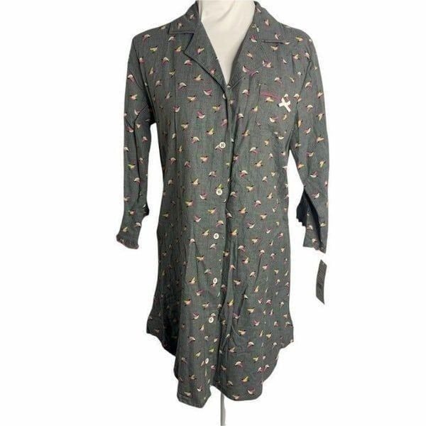 Olsenboyle Bird Print Sleep Shirt M Grey Button Front Pocket Long Sleeve Pajama