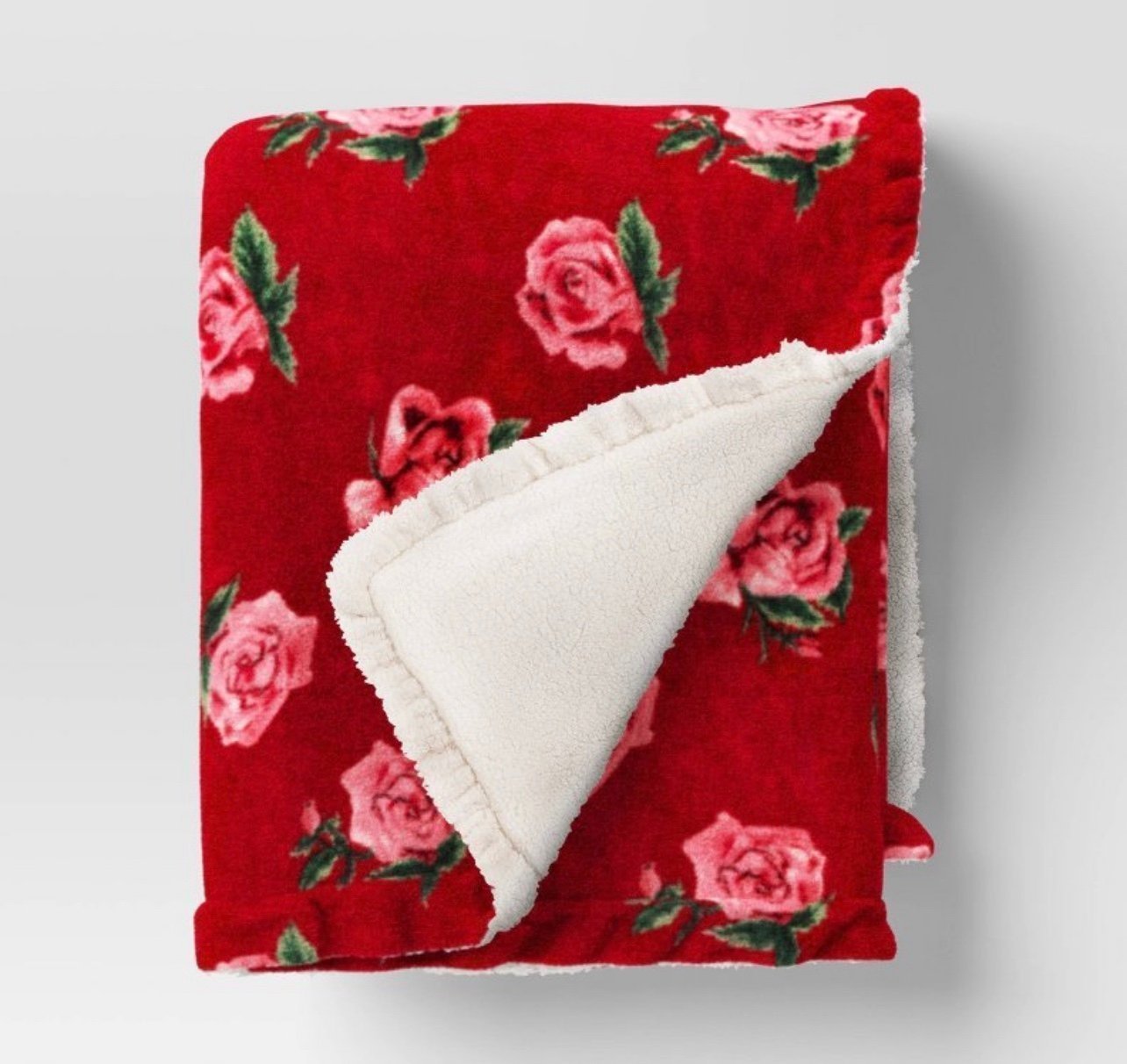 Rose Printed Plush Throw w/Faux Shearling Reverse & Ruffled Trim Red -Threshold
