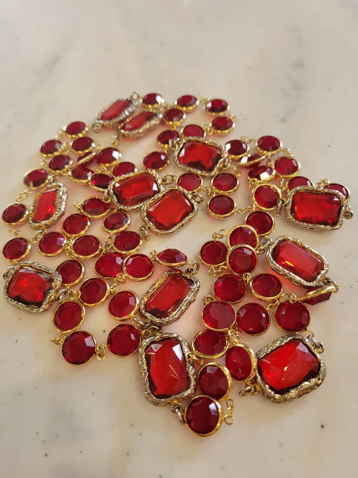 Ruby Red Vintage Gold Plated Chicklet Sautoir Necklace 58 Long