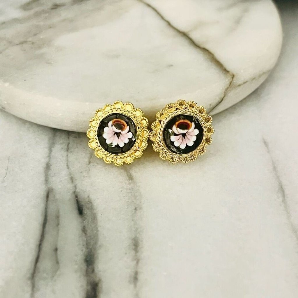 Vintage Micro Mosaic Flower Earrings Black Gold Toned Metal Clip On Round