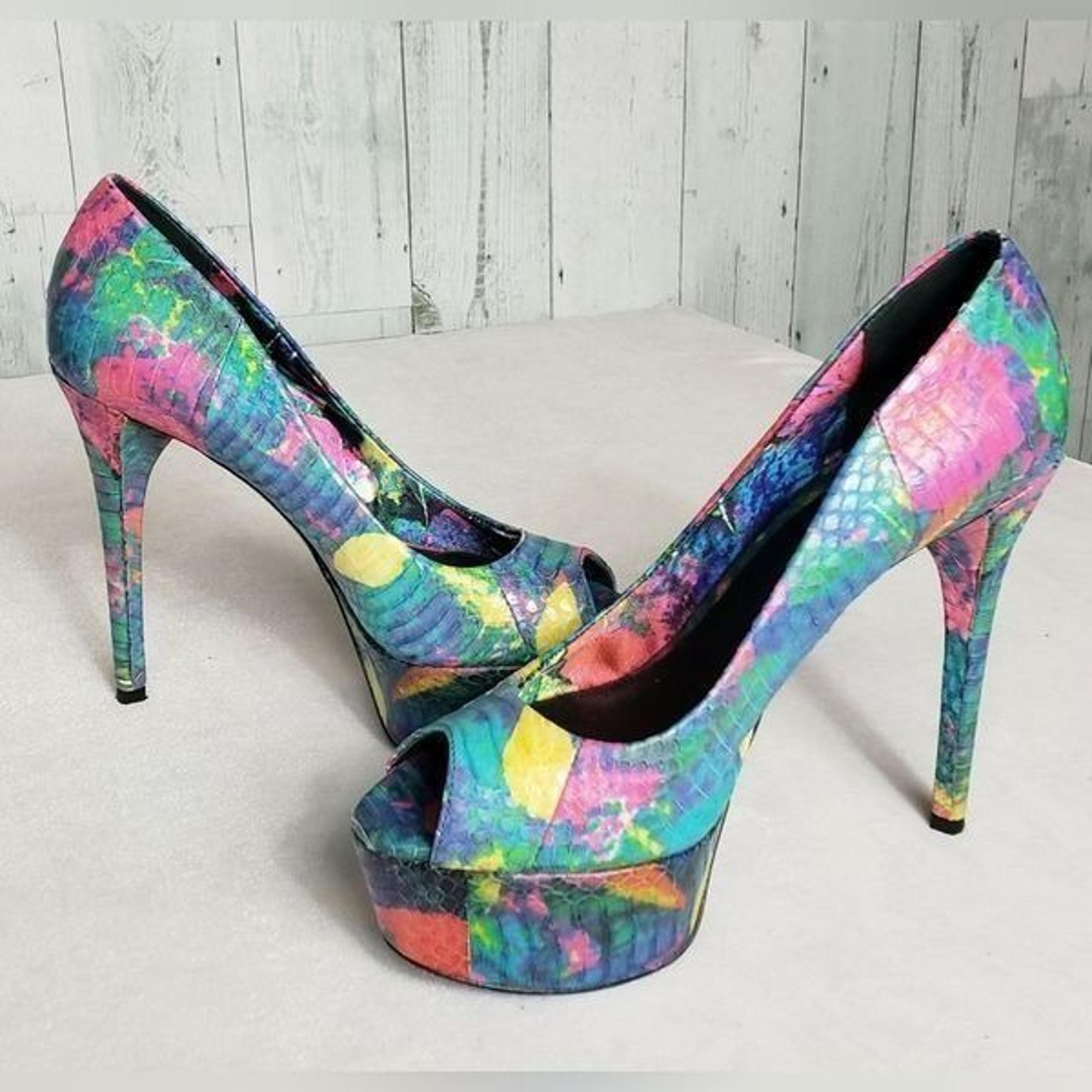 Brian Atwood Bambola Multicolor Snakeskin Peeptoe Platform Heels Sz. 6