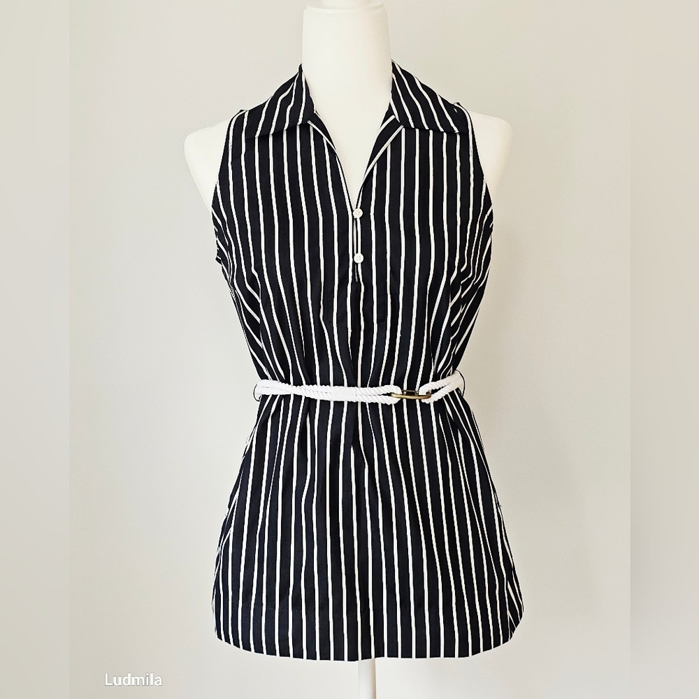 LAUREN RALPH LAUREN size XS Womens Navy Striped Sleeveless Shirt With Rope Belt