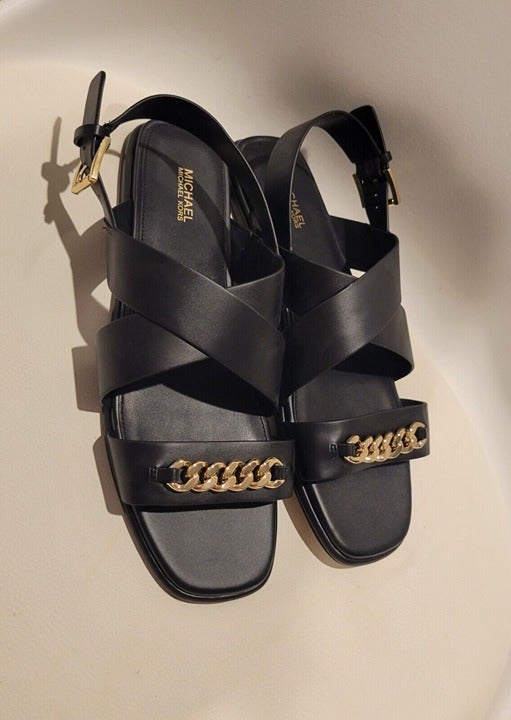 Michael Kors Womens 9.5 Shawna Sandals Black Strap Buckle Chain Faux Leather NEW