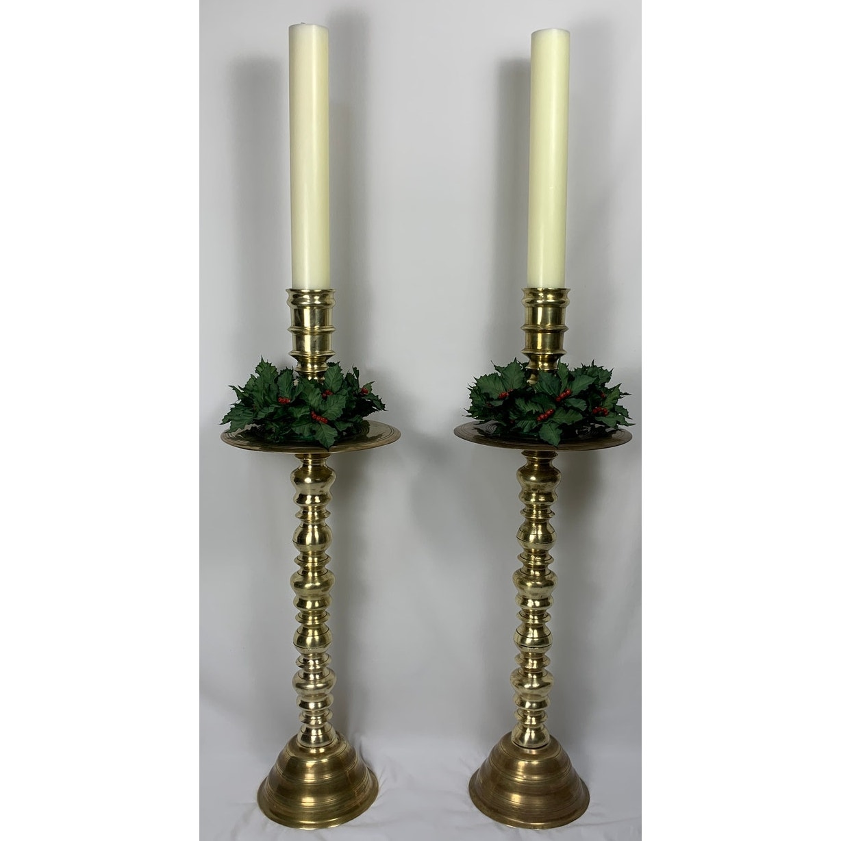 Two Large Solid Brass Candlesticks with Candles Church Wedding Heavy Vintage