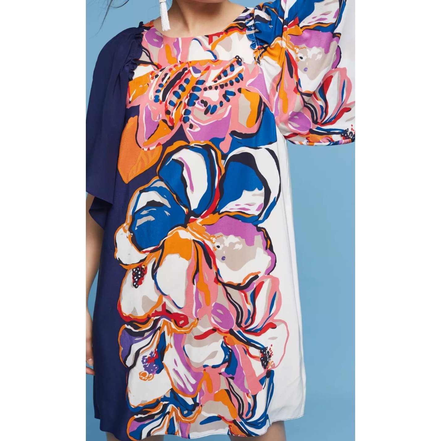 Anthropologie Maeve Vero Floral Silk Shift Dress Small Flowy Sleeves Multicolor