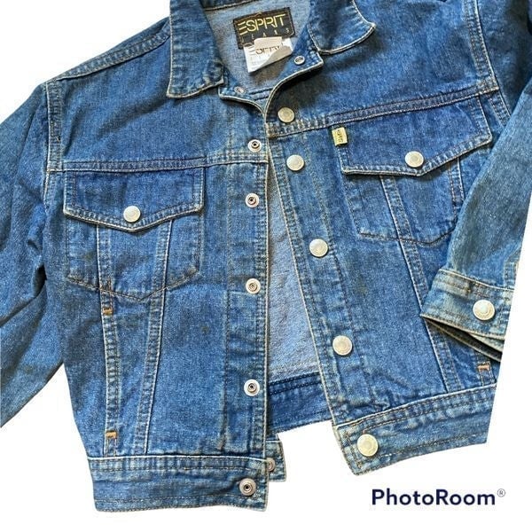 Vintage Esprit Girls Medium Mini Denim Jean Jacket Flower Bubble Paint rare