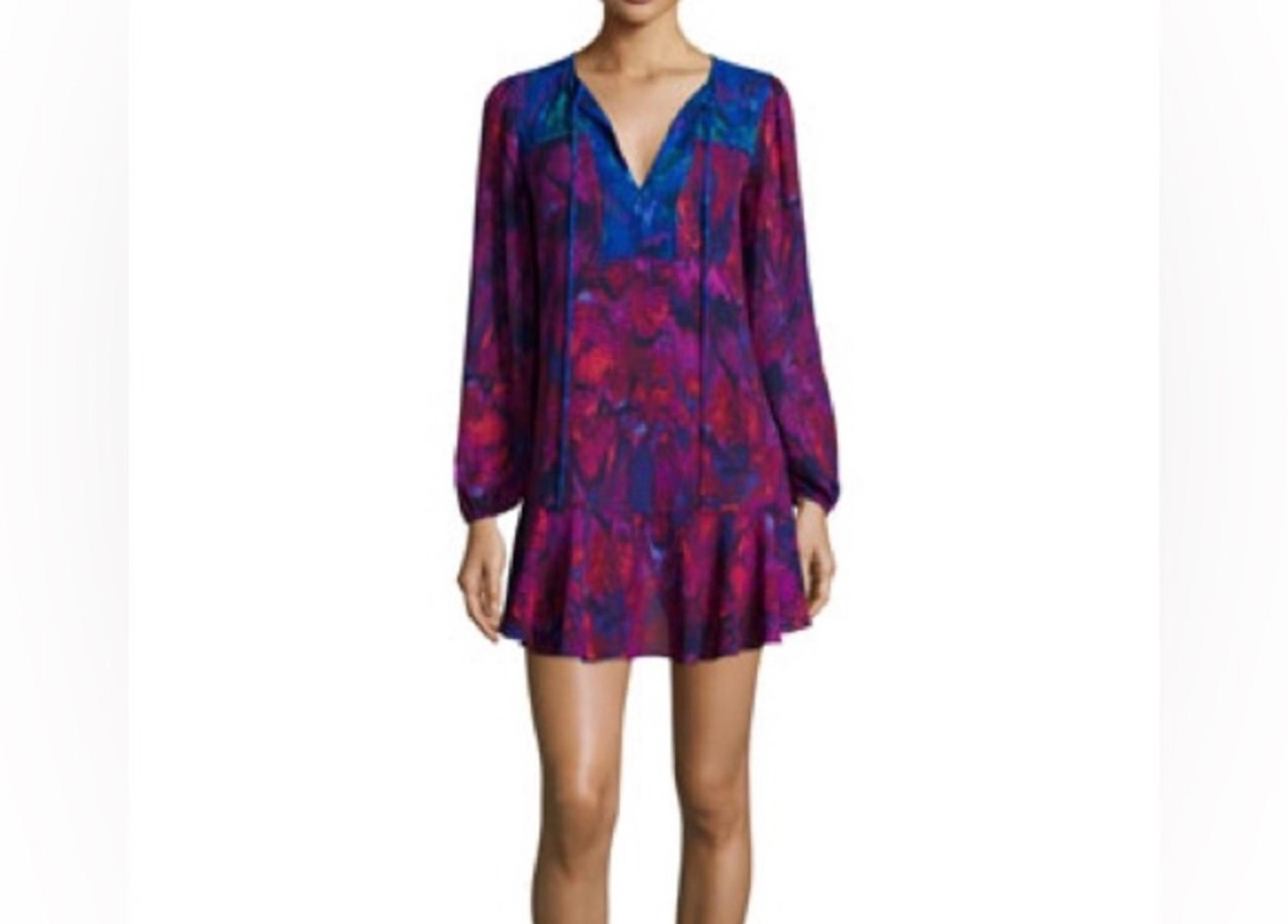 BCBG Maxazria Kena Shift Dress Sz M Flowy Chiffon Ruffle Hem Plum Berry Keyhole