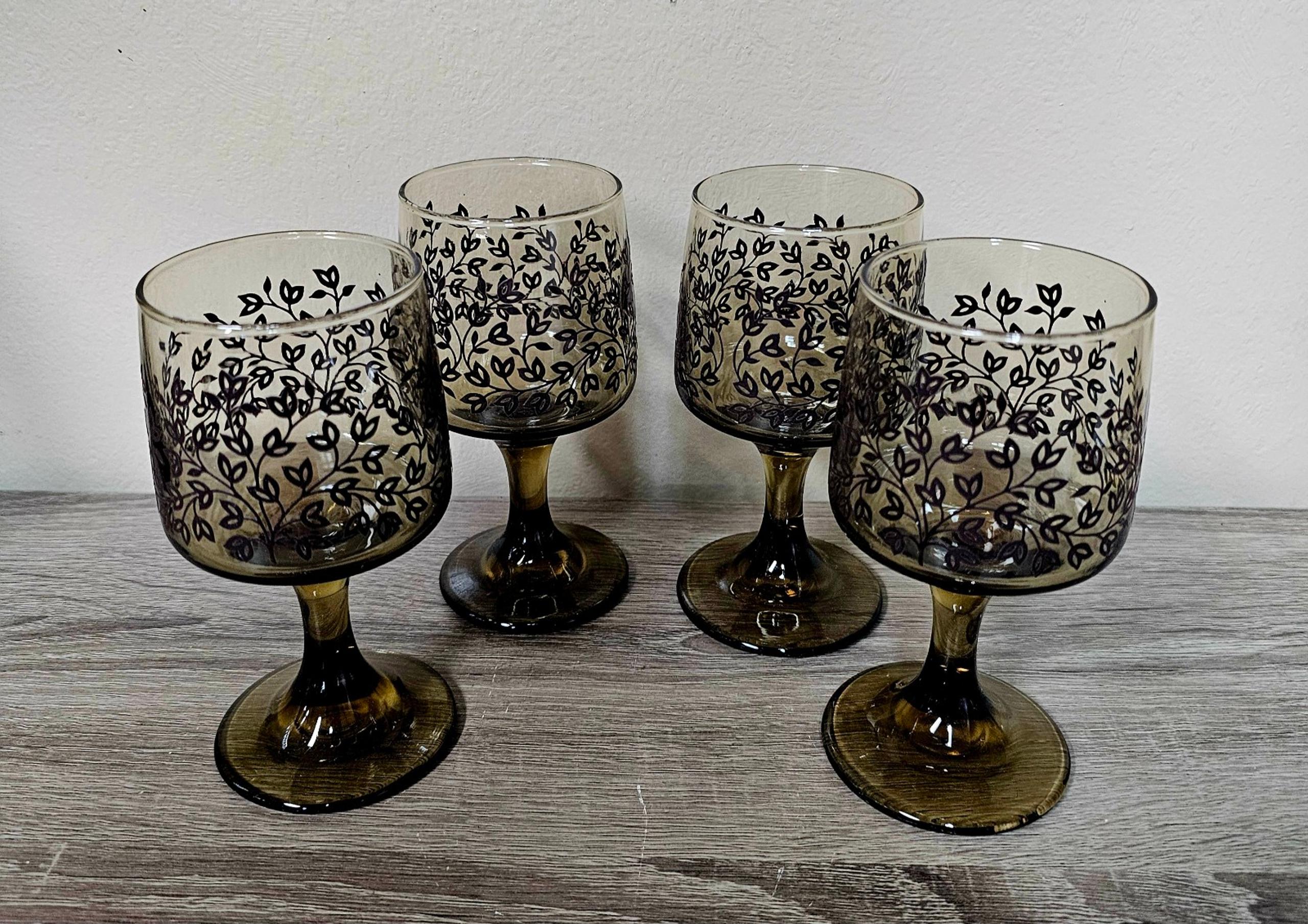 Set of 4 Vintage 1970's Libbey Charleston Brown Floral Stem Wine Goblets