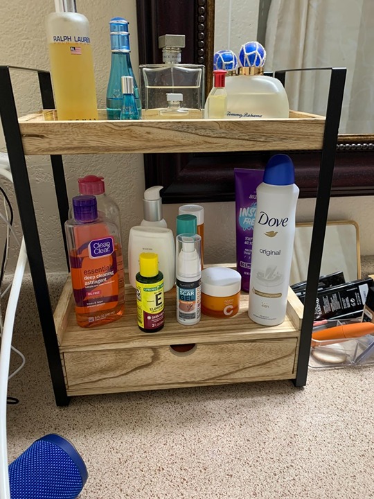 2-Tier Bathroom Organizer Countertop with Drawer, Wood Counter Shelf for Bath