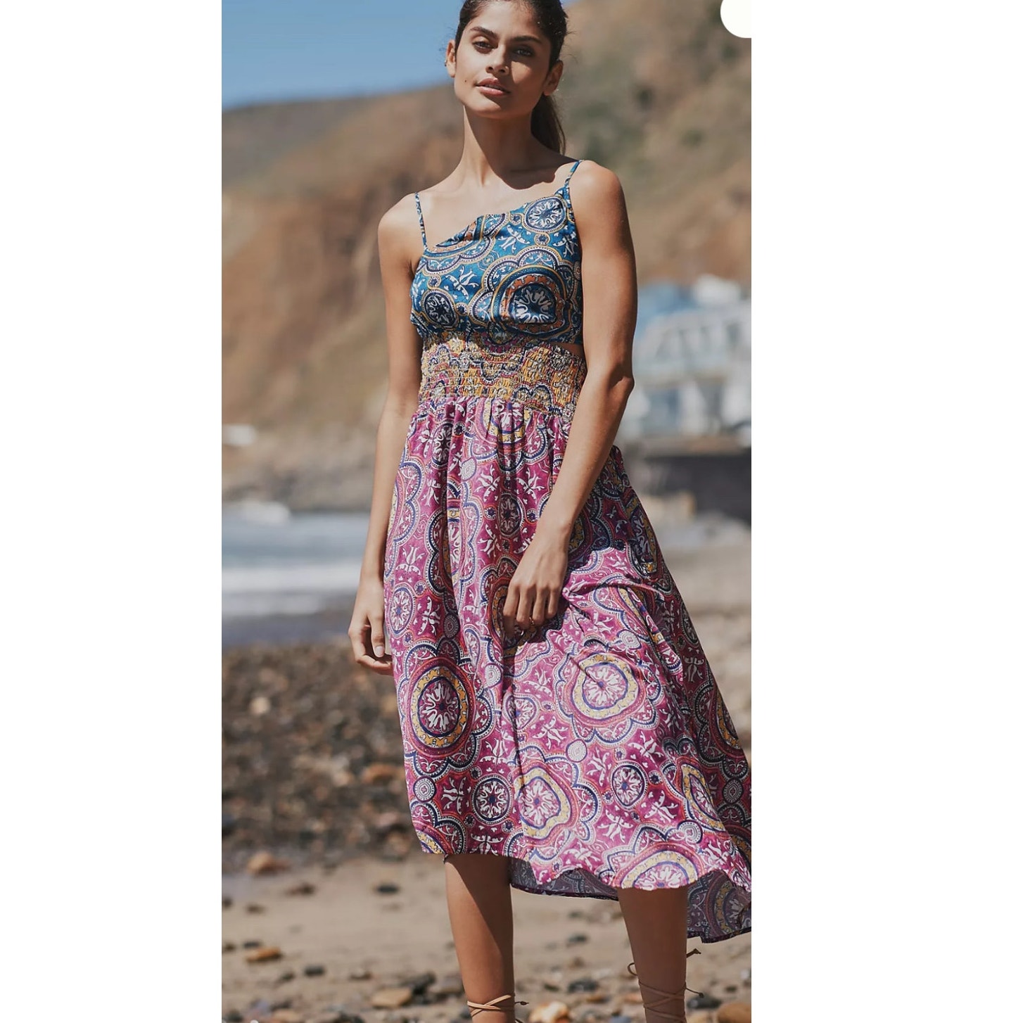 Anthropologie Multicolor Boho Smocked Cutout Midi Dress Size Medium