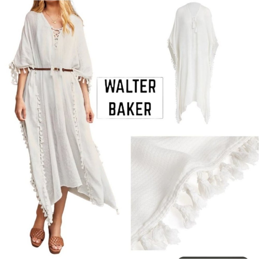 Walter Baker Acapulco White Kaftan Cover-Up Dress Swim Tassle Boho Cottagecore