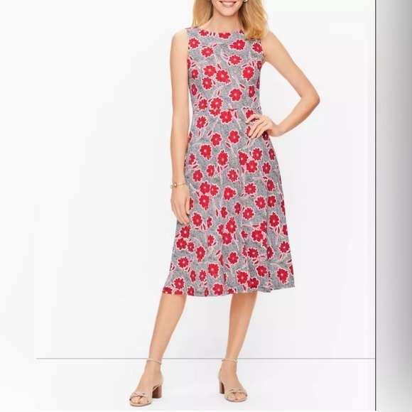 Talbots Floral Soft Knit Midi Dress Size L Black & Red Side Pockets Fit & Flare