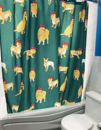 green shower curtain with dog pattern