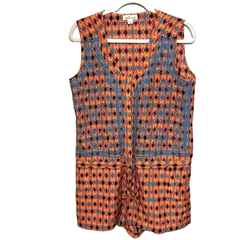 Cousin Earl Boutique Embroidered Sleeveless Romper Drawstring Small Blue Yellow