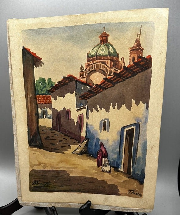 Art Taxco Mexico Vicente Watercolor Original Woman Walking MultiColored 13 x 10