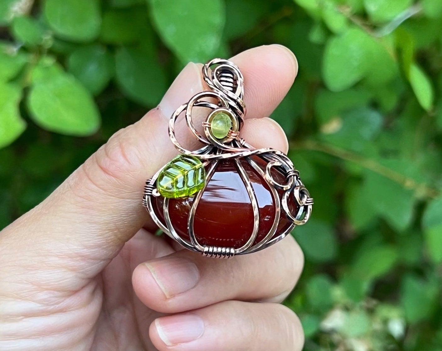 PUMPKIN Red Agate Copper Wire Wrapped Pendant Halloween Thanksgiving Necklace B