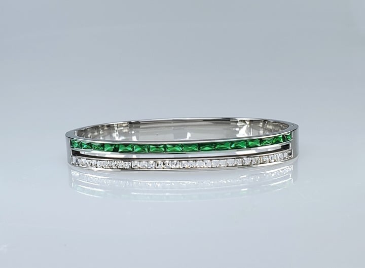 2ct Green Emerald Gemstone 1ct Diamond 14K White Gold Silver Bangle Bracelet NEW