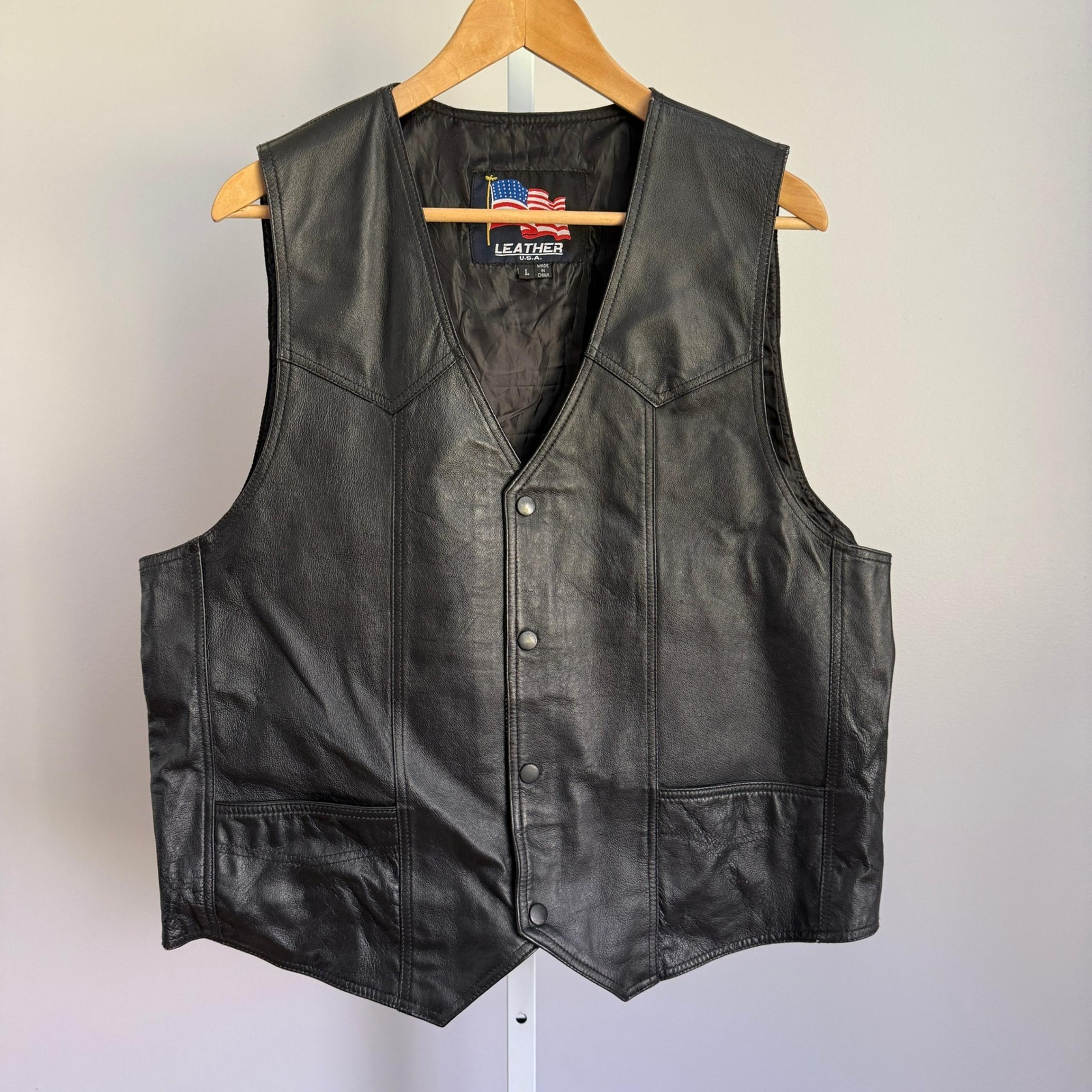 Leather U.S.A. Vintage 100% Leather Vest American Flag Biker Moto Jacket - USA Leather