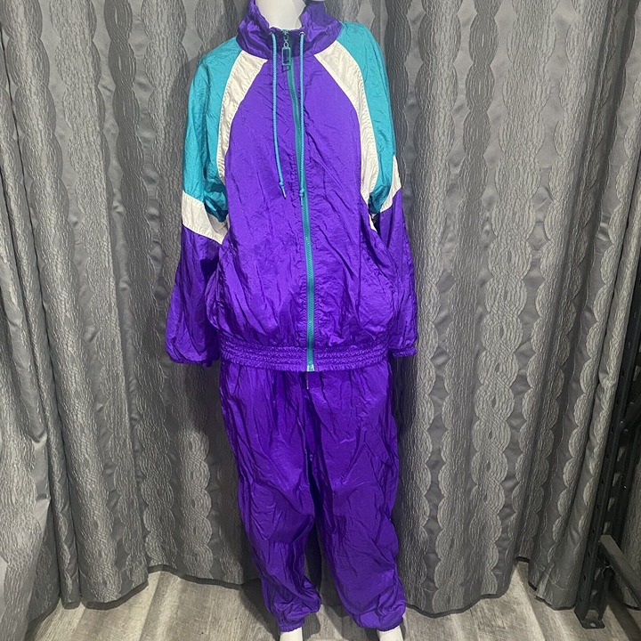 Milano Sport Vtg Windbreaker Tracksuit Jogging Set 1980's L Purple Teal MINT