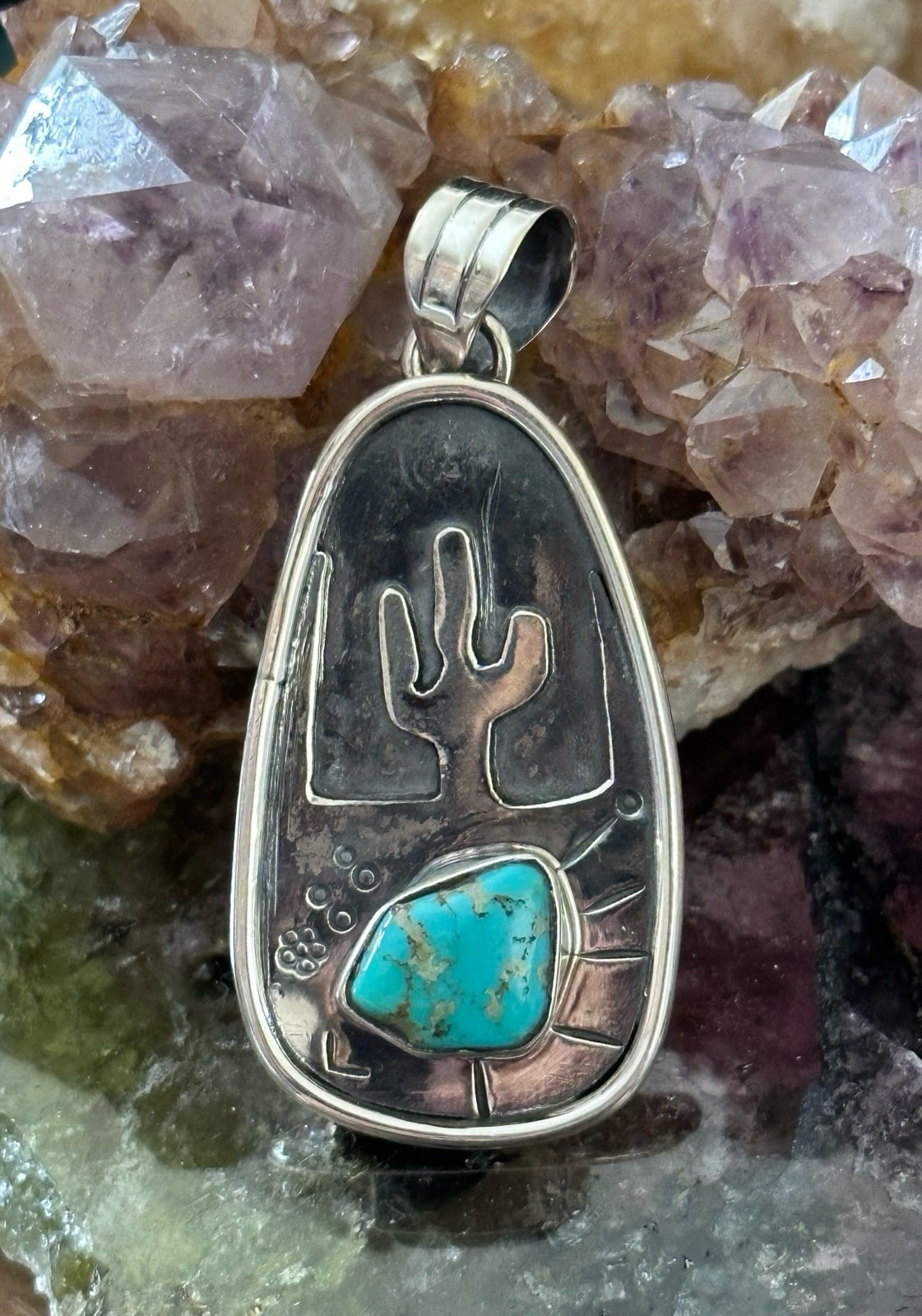 Turquoise nugget cactus sterling silver pendant